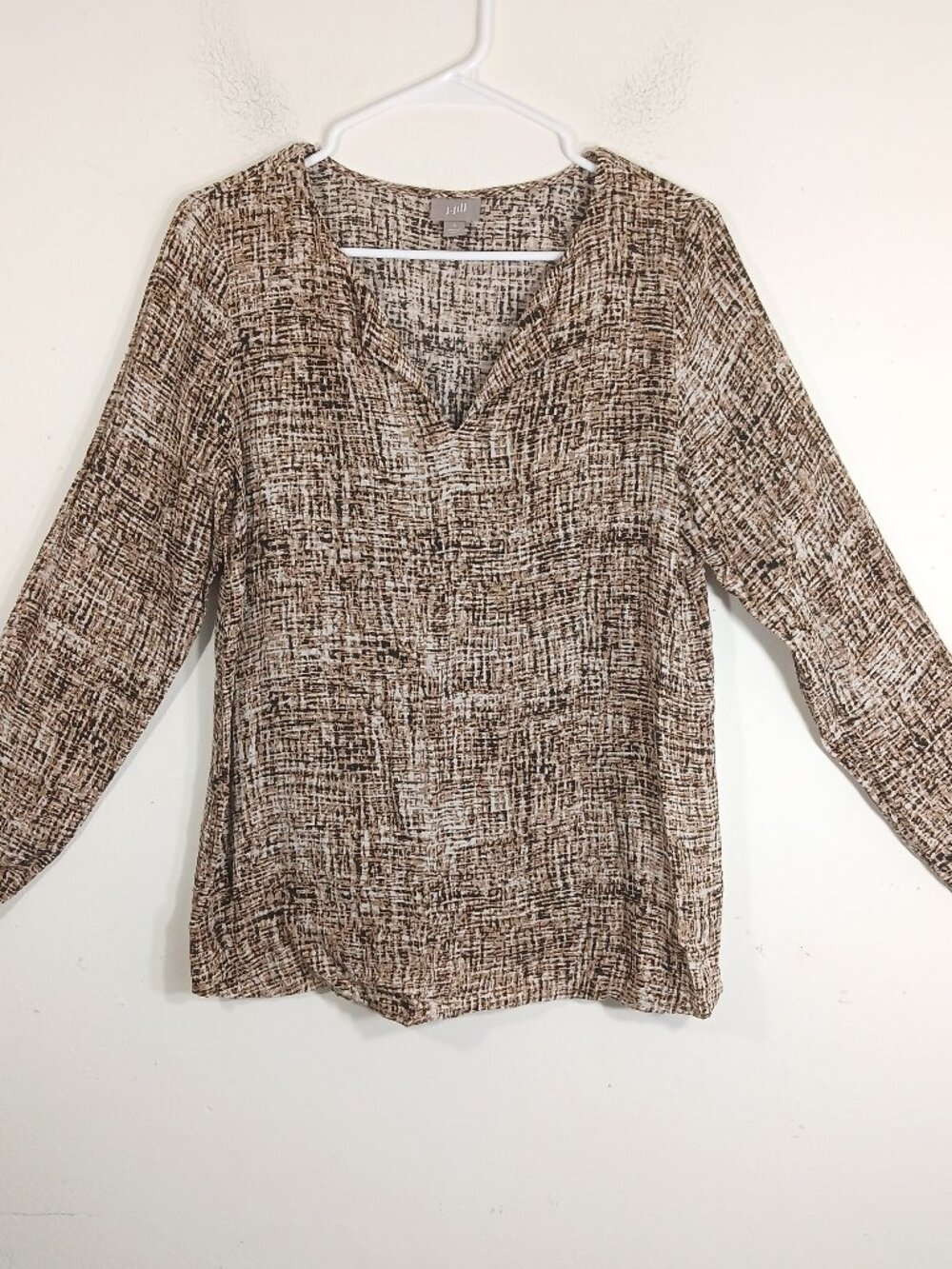 J.Jill Small Brown Abstract Print Blouse Split Neck Long Sleeve Rayon